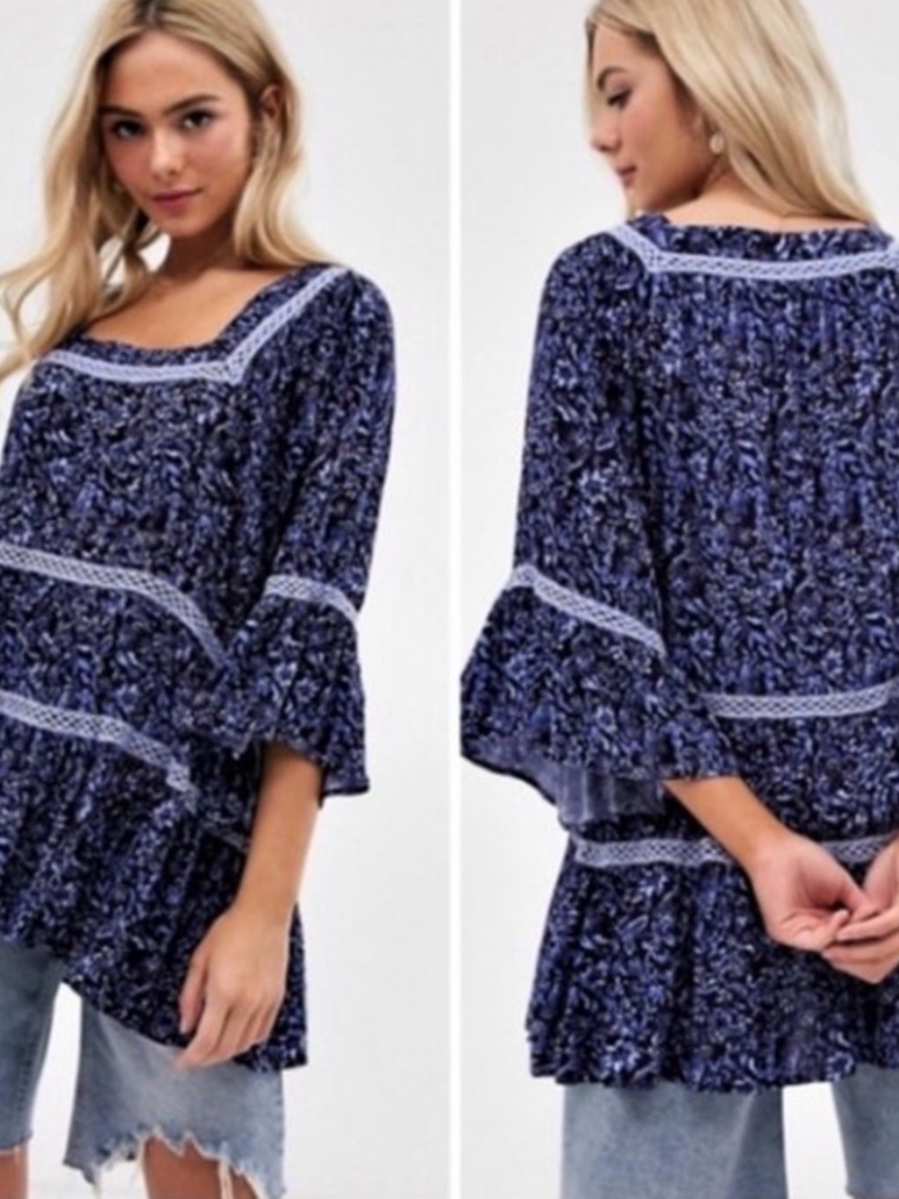 Free People boho whimsy Navy Floral “talk about it” Square-Neck Tunic